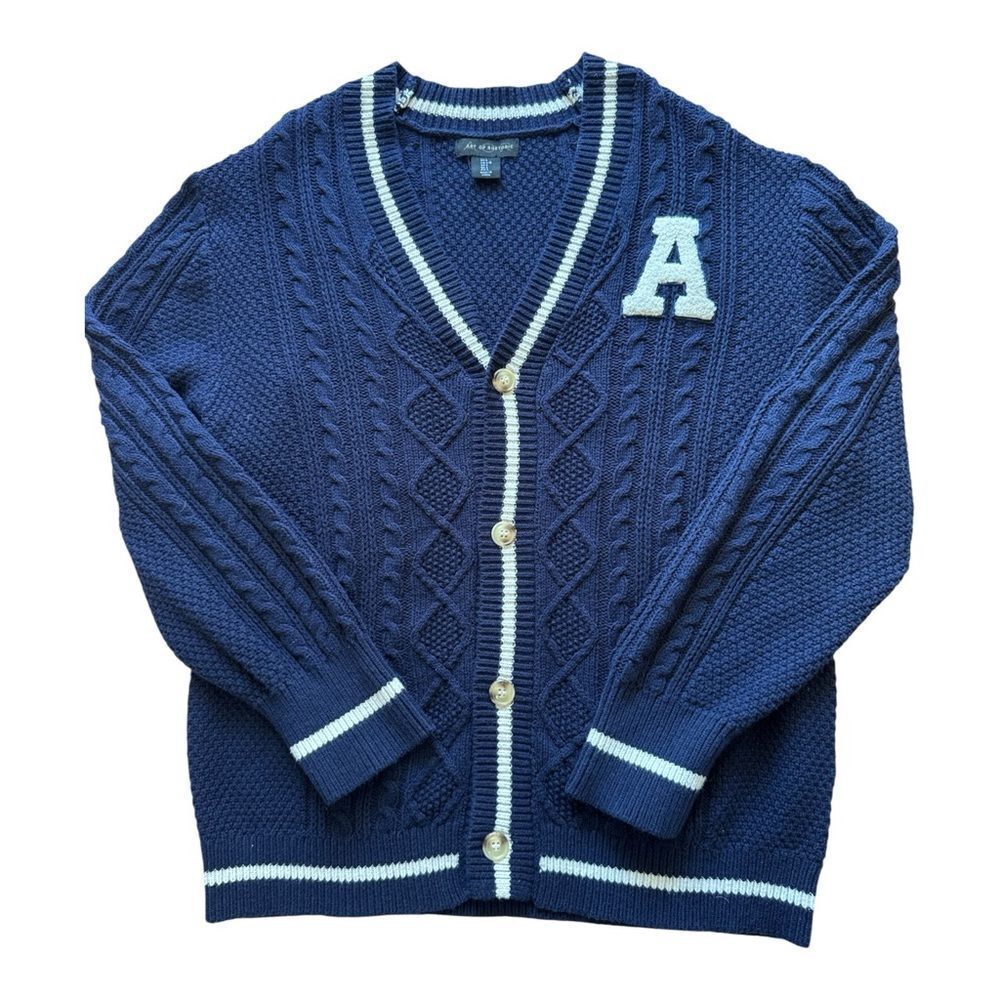 Art of Rhetoric V Neck Navy Blue Cable Knit Cardigan with Letter Patch Preppy